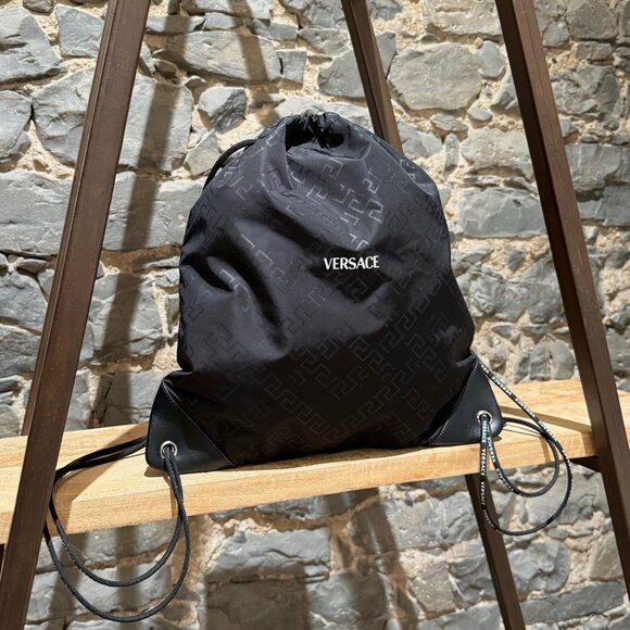 Versace Black Nylon Greca Print Logo Rucksack Drawstring Bag - Picture 2 of 12
